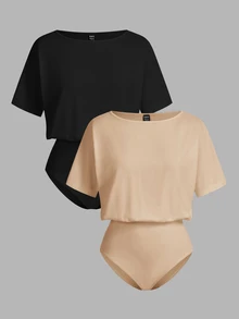 SHEIN LUNE 2pcs Set Casual Minimalist Solid Color Versatile Short Sleeve Bodysuit, Suitable For Spring & Summer Suitable For Going Out,Casual - Multicolor - View 10
