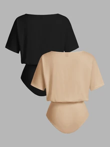 SHEIN LUNE 2pcs Set Casual Minimalist Solid Color Versatile Short Sleeve Bodysuit, Suitable For Spring & Summer Suitable For Going Out,Casual - Multicolor - View 11