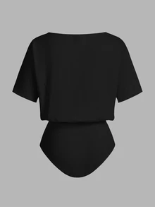 SHEIN LUNE 2pcs Set Casual Minimalist Solid Color Versatile Short Sleeve Bodysuit, Suitable For Spring & Summer Suitable For Going Out,Casual - Multicolor - View 9