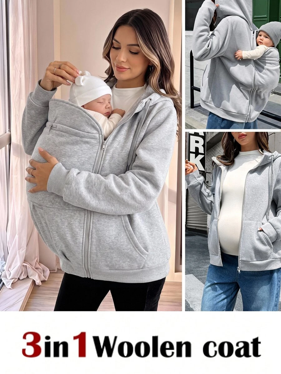 SHEIN جاكيت حوامل بلون موحد بسحاب كاجوال بغطاء رأس 3 في 1 - رمادي - مشاهدة 1
