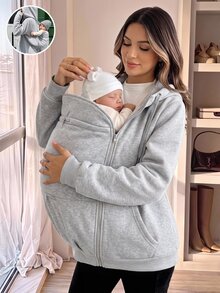 SHEIN جاكيت حوامل بلون موحد بسحاب كاجوال بغطاء رأس 3 في 1 - رمادي - مشاهدة 2