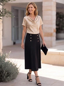 EMERY ROSE Elegant Maturity Satin Cowl Neck Short Sleeve Top And Button Pleated Skirt Set For Middle-Aged Women Office Beige Black Summer - Multicolor - View 5