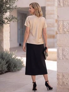 EMERY ROSE Elegant Maturity Satin Cowl Neck Short Sleeve Top And Button Pleated Skirt Set For Middle-Aged Women Office Beige Black Summer - Multicolor - View 2
