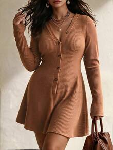 Weeklong Women's Plus Size Autumn 1 Piece V-Neck Single-Breasted Ribbed Waist A-Line Skirt Slim Fit Old Money Style Casual Commute Knit Dress Fall - Brown - View 5