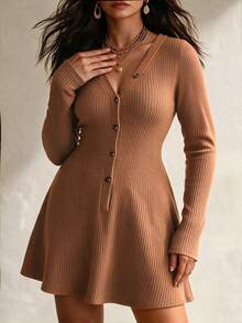 Weeklong Women's Plus Size Autumn 1 Piece V-Neck Single-Breasted Ribbed Waist A-Line Skirt Slim Fit Old Money Style Casual Commute Knit Dress Fall - Brown - View 3