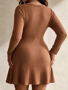 Weeklong Women's Plus Size Autumn 1 Piece V-Neck Single-Breasted Ribbed Waist A-Line Skirt Slim Fit Old Money Style Casual Commute Knit Dress Fall - Brown - View 7
