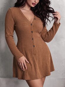 Weeklong Women's Plus Size Autumn 1 Piece V-Neck Single-Breasted Ribbed Waist A-Line Skirt Slim Fit Old Money Style Casual Commute Knit Dress Fall - Brown - View 2