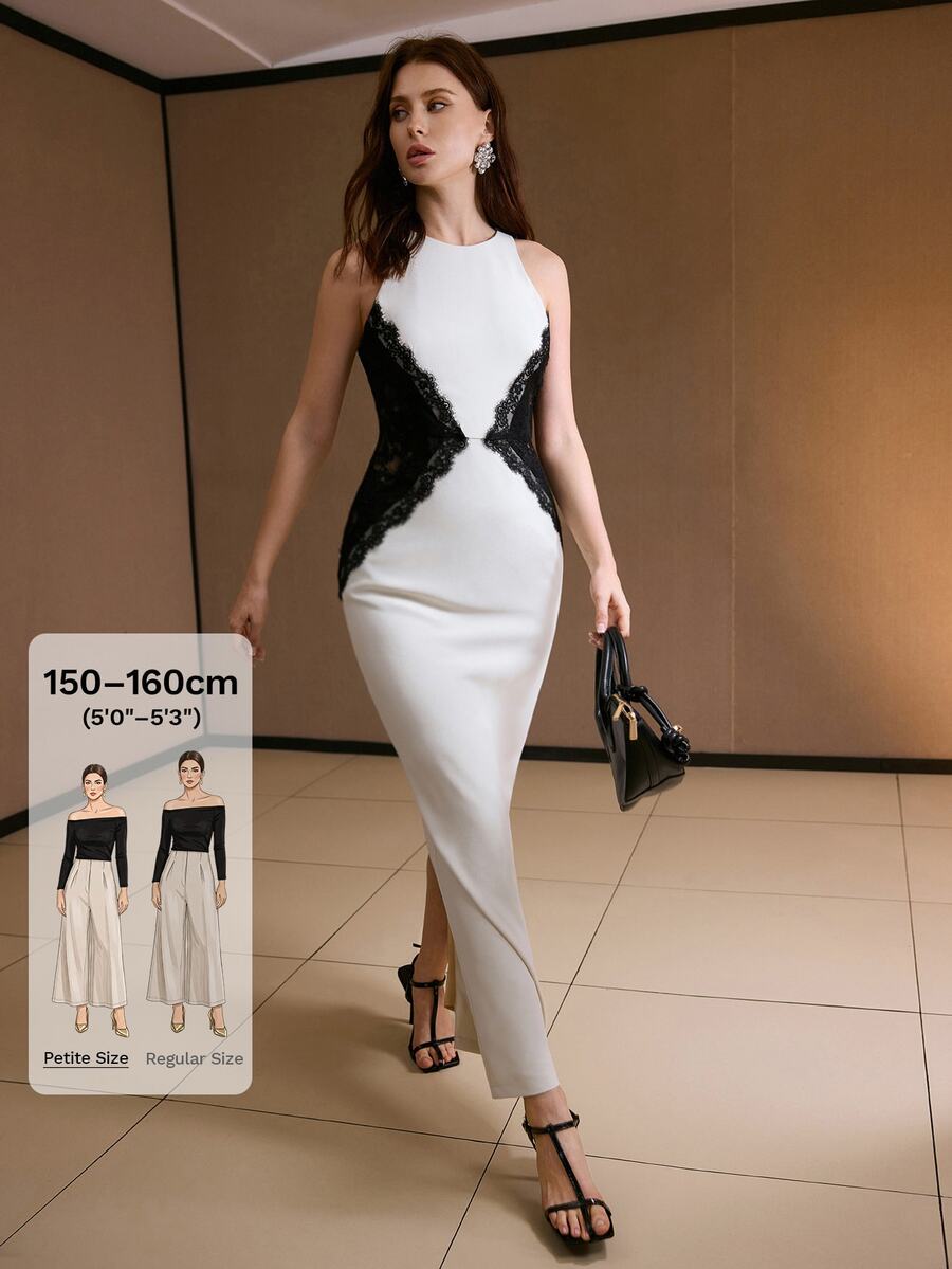 MOTF Petite SLIM FIT LACE CONTRAST PATCHWORK LONG DRESS, AUTUMN/WINTER ,PETITE WOMEN - Beige - View 1