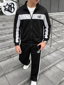 SHEIN 青少年男孩 12-16Y 復古拼色拉鍊運動夾克與側條紋長褲 2件套，運動街頭風春秋冬校園日常穿搭 - 黑色 - 查看 8