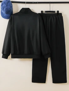 SHEIN 青少年男孩 12-16Y 復古拼色拉鍊運動夾克與側條紋長褲 2件套，運動街頭風春秋冬校園日常穿搭 - 黑色 - 查看 2