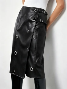 Maija Women's Sexy Metal Buckle Skirt - Black - View 6