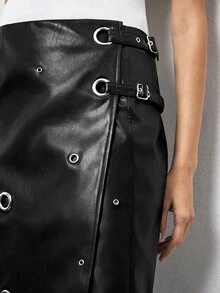Maija Women's Sexy Metal Buckle Skirt - Black - View 5