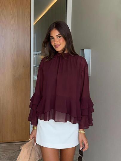 Siren Gaze Women's Long-Sleeve Going Out T-Shirt Crew Neck With Ruffle Detail Slim-Fit Casual Elegant Brown Top Fall Winter Party Work Back-To-School Burgundy
