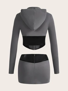 SHEIN ICON Contrast Color Hooded Slim Fit T-Shirt And Skirt Suit - Grey - View 2