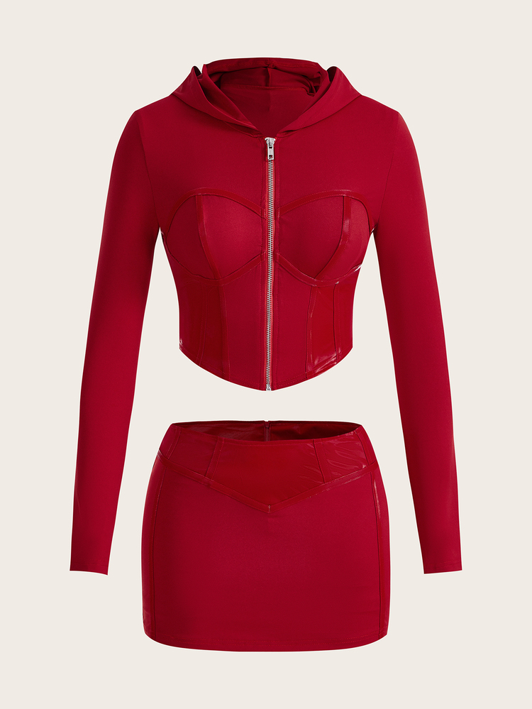 SHEIN ICON Conjunto De Camiseta Ajustada Con Capucha Y Falda - Burdeos - Añade 3