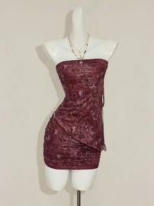 SHEIN ICON 2pcs/Set Atasan Tube dengan Belahan Samping Motif Vintage dan Rok Lilit Berkerut - Burgundy - View 4