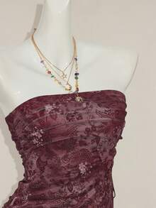 SHEIN ICON 2pcs/Set Atasan Tube dengan Belahan Samping Motif Vintage dan Rok Lilit Berkerut - Burgundy - View 7