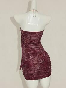 SHEIN ICON 2pcs/Set Atasan Tube dengan Belahan Samping Motif Vintage dan Rok Lilit Berkerut - Burgundy - View 2