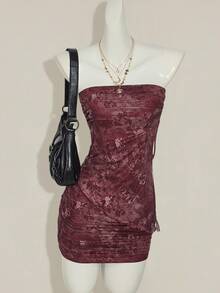 SHEIN ICON 2pcs/Set Atasan Tube dengan Belahan Samping Motif Vintage dan Rok Lilit Berkerut - Burgundy - View 5