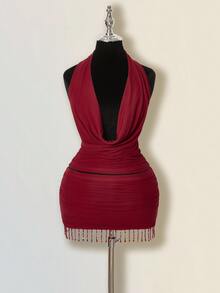 SHEIN ICON 女式纯色两件套：低胸无袖上衣和性感流苏饰边紧身迷你裙 - 酒紅色 - 查看 6