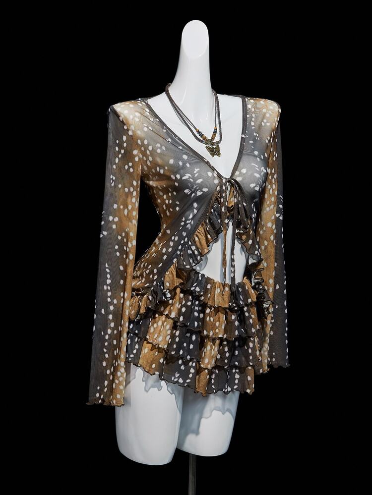 SHEIN ICON 2pcs Women Deer Print Cardigan Top And Layered Cake Shorts Set - Brown - View 5