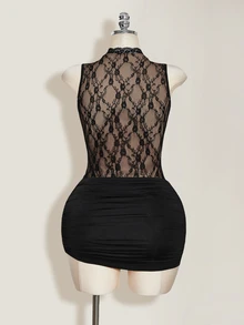 SHEIN ICON Women's Sexy Lace Cutout Jumpsuit And Ruched Mini Skirt 2 Pieces Set, Summer Black - Black - View 2