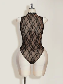 SHEIN ICON Women's Sexy Lace Cutout Jumpsuit And Ruched Mini Skirt 2 Pieces Set, Summer Black - Black - View 9