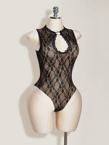 SHEIN ICON Women's Sexy Lace Cutout Jumpsuit And Ruched Mini Skirt 2 Pieces Set, Summer Black - Black - View 4