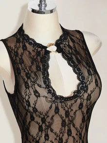 SHEIN ICON Women's Sexy Lace Cutout Jumpsuit And Ruched Mini Skirt 2 Pieces Set, Summer Black - Black - View 5