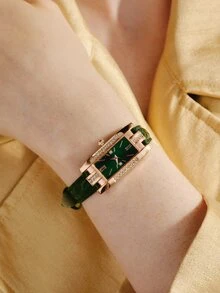 Opalesca 1pc Quartz Analog Watch, Square Roman Numeral Dial, Vintage Formal Watch, Rhinestone Encrusted Wristwatch, Holiday Edition - Green - View 7