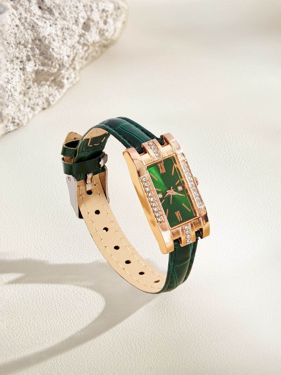 Opalesca 1pc Quartz Analog Watch, Square Roman Numeral Dial, Vintage Formal Watch, Rhinestone Encrusted Wristwatch, Holiday Edition - Green - View 1