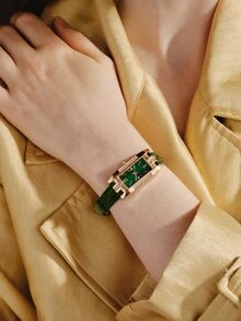 Opalesca 1pc Quartz Analog Watch, Square Roman Numeral Dial, Vintage Formal Watch, Rhinestone Encrusted Wristwatch, Holiday Edition - Green - View 2
