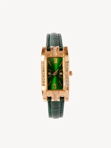 Opalesca 1pc Quartz Analog Watch, Square Roman Numeral Dial, Vintage Formal Watch, Rhinestone Encrusted Wristwatch, Holiday Edition - Green - View 3