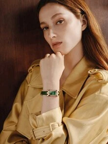 Opalesca 1pc Quartz Analog Watch, Square Roman Numeral Dial, Vintage Formal Watch, Rhinestone Encrusted Wristwatch, Holiday Edition - Green - View 4