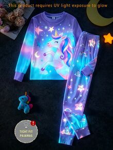 青少年女孩發光獨角獸印花長袖上衣與長褲居家服套裝 - 彩色 - 查看 6
