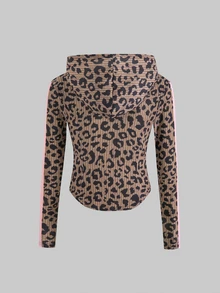 SHEIN Tween Girl Knitted Leopard Print Striped Hoodie Casual Jacket And Long Pants 2 Pieces Set - Multicolor - View 8
