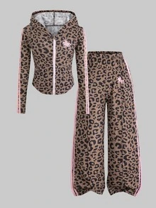 SHEIN Tween Girl Knitted Leopard Print Striped Hoodie Casual Jacket And Long Pants 2 Pieces Set - Multicolor - View 2