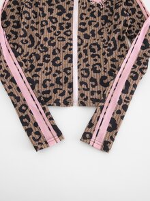 SHEIN Tween Girl Knitted Leopard Print Striped Hoodie Casual Jacket And Long Pants 2 Pieces Set - Multicolor - View 7