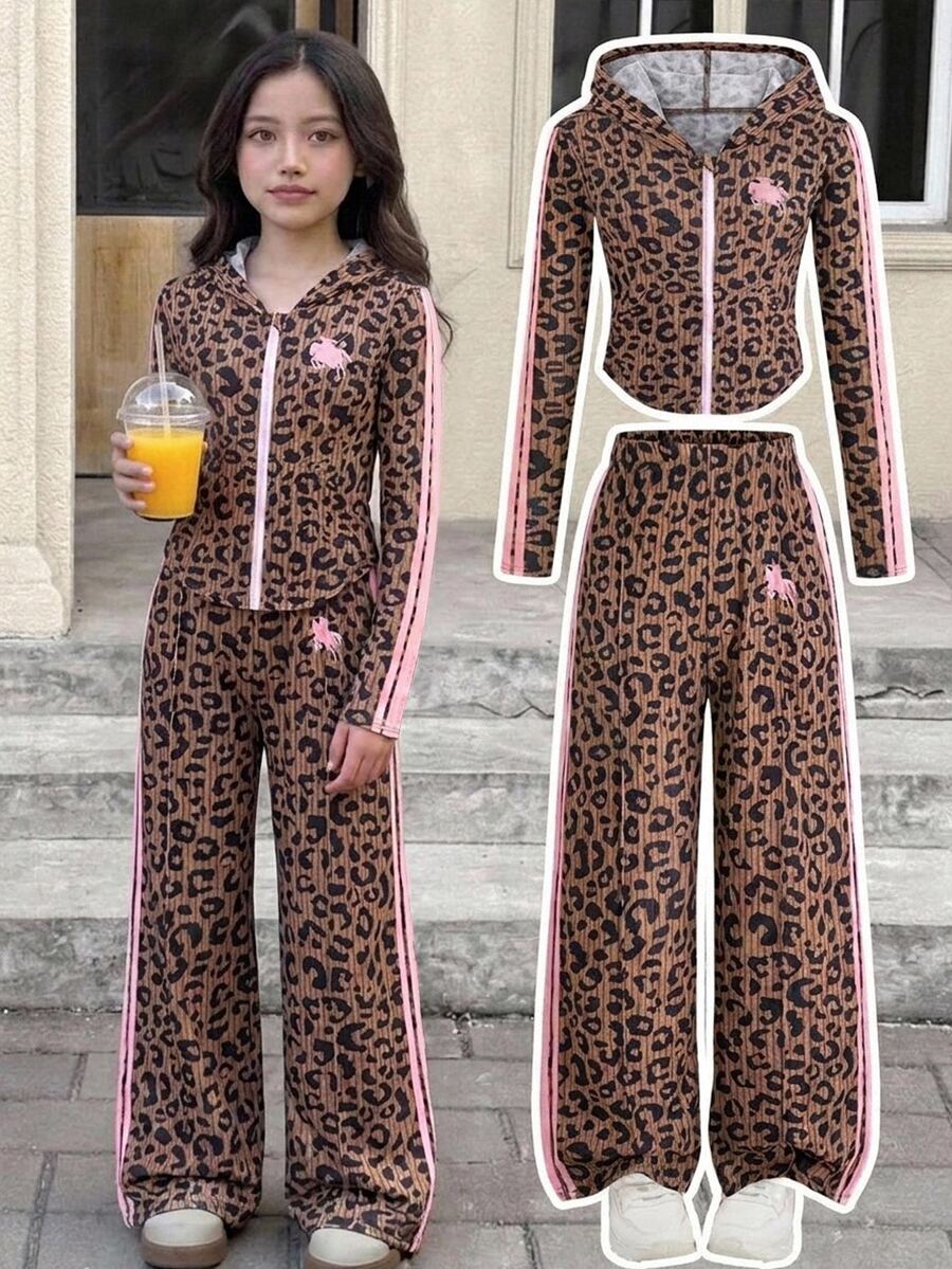 SHEIN Tween Girl Knitted Leopard Print Striped Hoodie Casual Jacket And Long Pants 2 Pieces Set - Multicolor - View 1