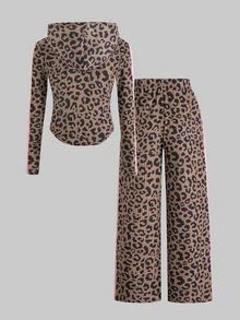 SHEIN Tween Girl Knitted Leopard Print Striped Hoodie Casual Jacket And Long Pants 2 Pieces Set - Multicolor - View 10