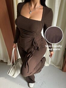 GalTyme 大尺碼女款休閒不對稱下擺綁帶上衣與喇叭褲套裝 秋季 - 棕色 - 查看 9