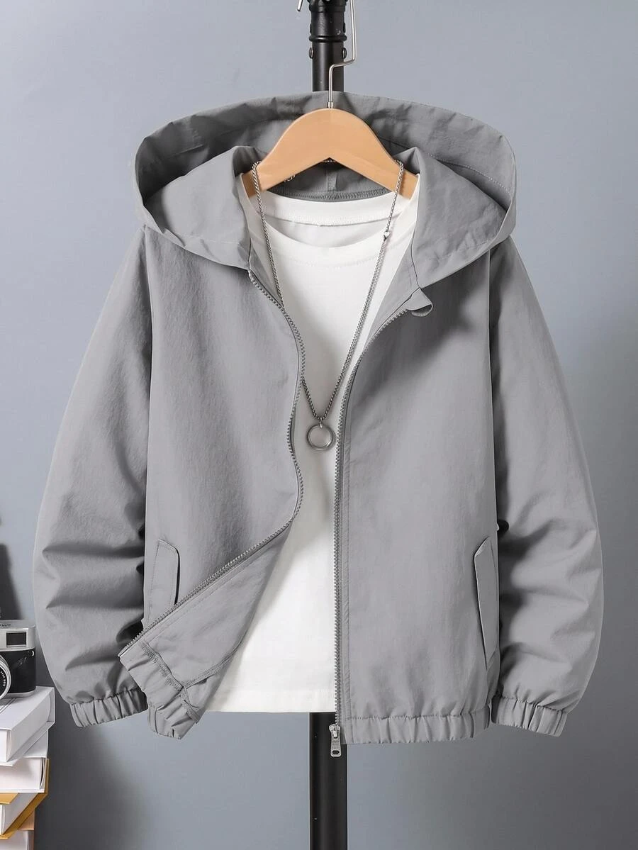 Teen Boy Solid Grey Hooded Zip Up Windbreaker Jacket, Casual Autumn Winter Lightweight Jacket, Fall Style - Grey - View 1