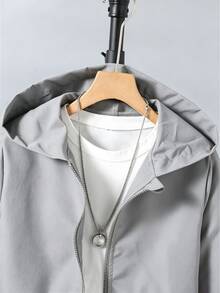 Teen Boy Solid Grey Hooded Zip Up Windbreaker Jacket, Casual Autumn Winter Lightweight Jacket, Fall Style - Grey - View 4