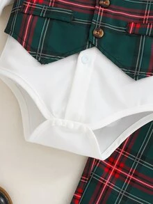 SHEIN Souflis 男嬰帥氣紳士背心長袖三件套西裝套裝，秋冬款 - 墨綠色 - 查看 5