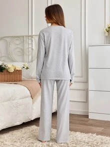 SHEIN Cotton Line Women Plus Size Panda Print Round Neck Long Sleeve Top & High Waist Comfy Pants - Grey - View 2