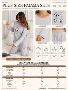 SHEIN Cotton Line Women Plus Size Panda Print Round Neck Long Sleeve Top & High Waist Comfy Pants - Grey - View 3