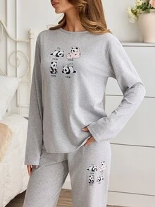 SHEIN Cotton Line Women Plus Size Panda Print Round Neck Long Sleeve Top & High Waist Comfy Pants - Grey - View 4