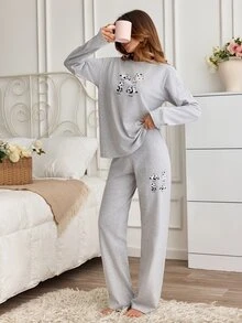 SHEIN Cotton Line Women Plus Size Panda Print Round Neck Long Sleeve Top & High Waist Comfy Pants - Grey - View 7