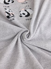 SHEIN Cotton Line Women Plus Size Panda Print Round Neck Long Sleeve Top & High Waist Comfy Pants - Grey - View 5