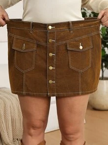 EMERY ROSE EMERY ROSE Chân váy denim nữ size lớn cài nút đơn, phong cách thường ngày đa năng - màu nâu - Xem 4